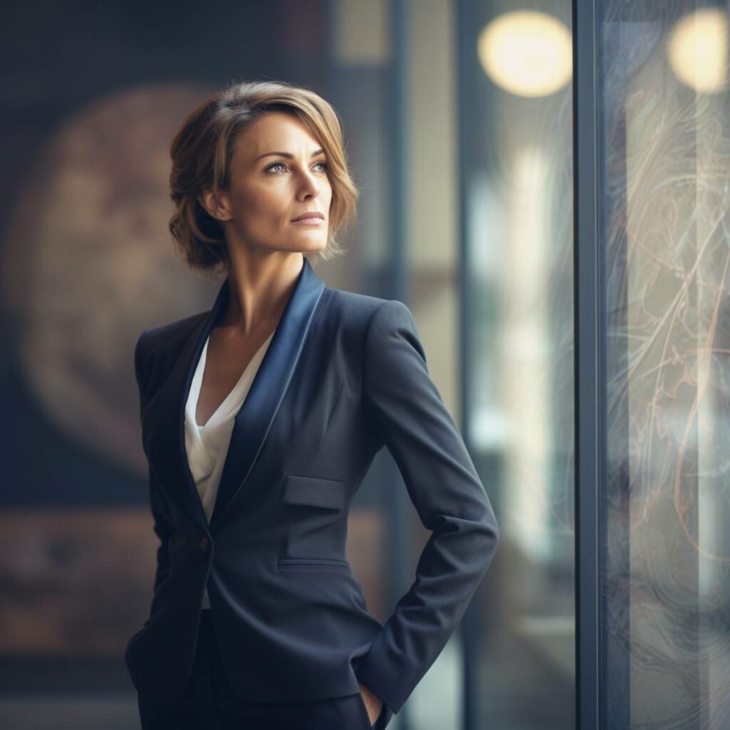 A businesswoman standing in an office.