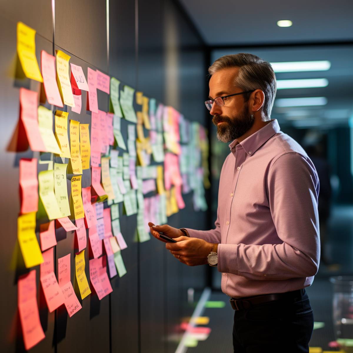 Project manager standing before a large glass wall filled with colorful sticky notes, charts, and timelines.